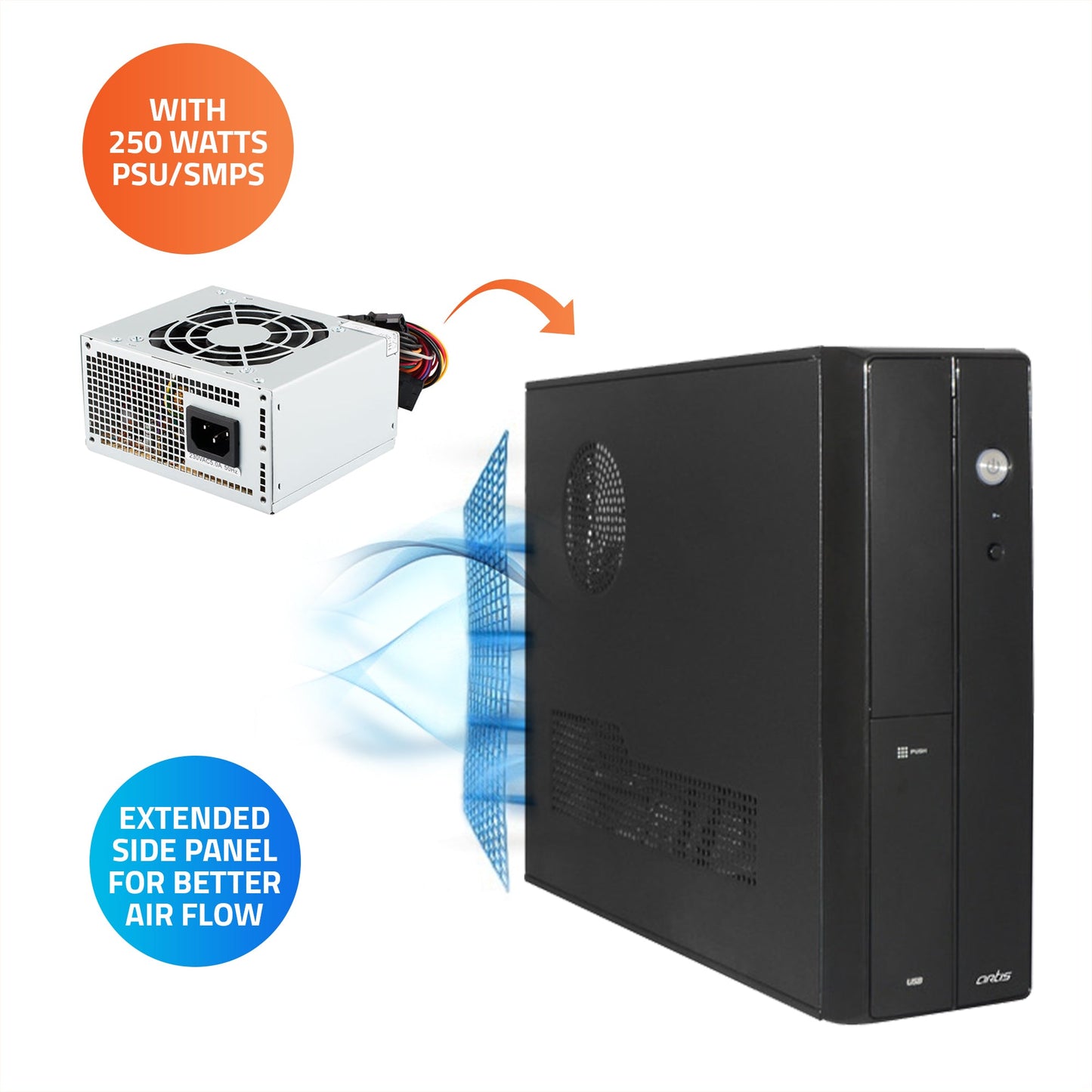 Joy 3.0 Slim Computer Cabinet Support Micro ATX /Mini ATX Motherboard ,1 x 80mm Fan with VIP 250 Watt Power Supply