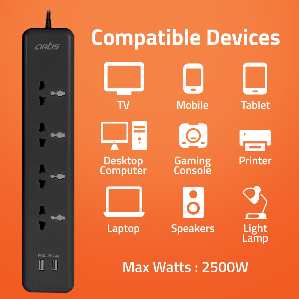 AR-4SSU-CB 4 Universal Sockets & 2 USB Surge Protector with Single Switch