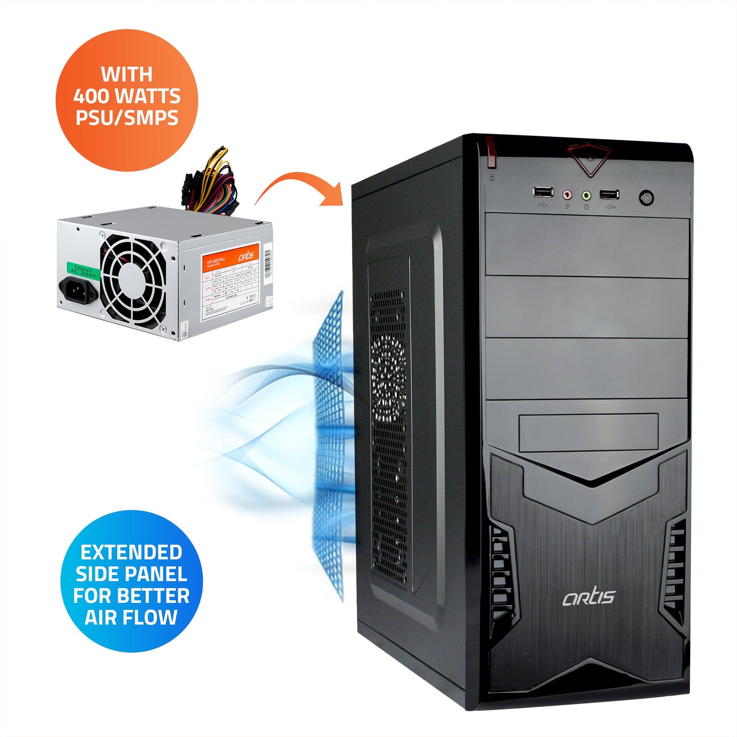 Spark 2.0 Computer Cabinet Support Full ATX/ Micro ATX Motherboard, 1 x 80mm Fan with 400W  Power Supply