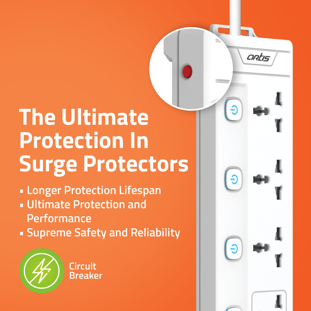 4MS-USBC 4 Universal Multi Switch Sockets with 2 USB-A & USB-C Port Surge protector (White, 2 m)