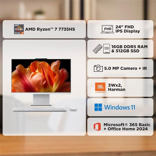 Lenovo Ideacentre AIO AMD Ryzen 7 7735HS 23.8" FHD IPS All-In-One Desktop(16GB RAM/512GB SSD/Win11/Microsoft 365 Basic + Office Home 2024/3Wx2 Speakers/5MP Camera/Wireless Keyboard & Mouse),F0HR008YIN