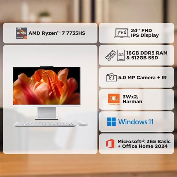 Lenovo Ideacentre AIO AMD Ryzen 7 7735HS 23.8" FHD IPS All-In-One Desktop(16GB RAM/512GB SSD/Win11/Microsoft 365 Basic + Office Home 2024/3Wx2 Speakers/5MP Camera/Wireless Keyboard & Mouse),F0HR008YIN