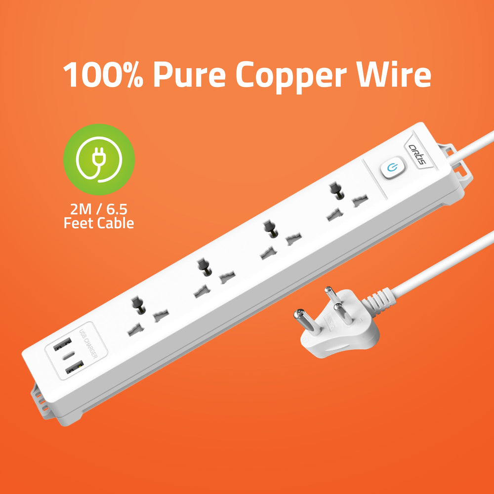 AR-4SS-USB 4 Universal Sockets with 2 USB-A & USB-C Port single switch surge protector (White, 2 m)