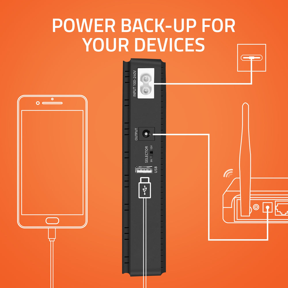 AR-MINIDC-2 Mini UPS for WiFi Router/Modem/Set top Box Devices. 8800mAh Battery. Supports 9V/12V-1A/1.5A/2A Routers. USB Port Phone Charging. Battery Level Indicator. BIS Certified