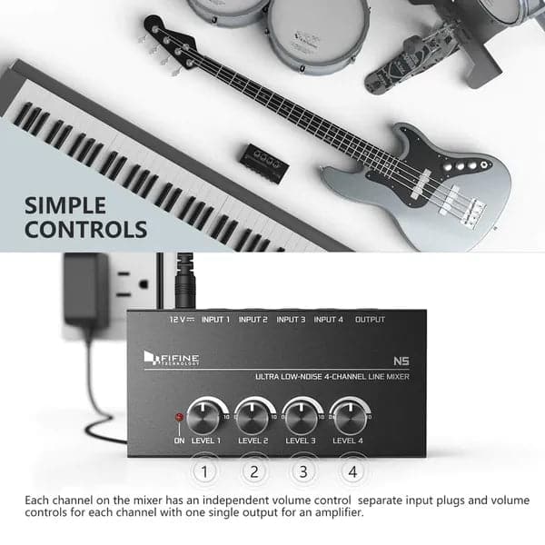 FIFINE N5 Four Channel Line Mixer With Individual Volume Controls