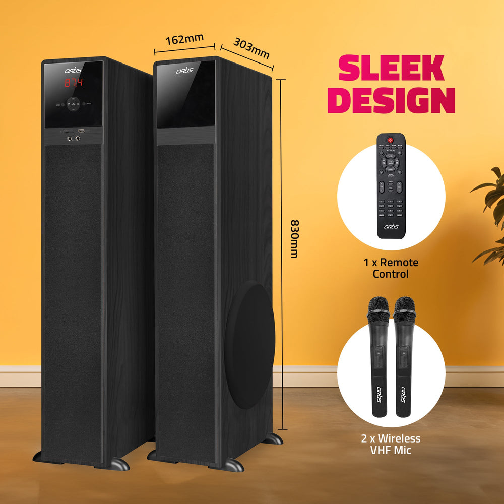 SoundHub 400 Bluetooth Tower Speaker with Bluetooth/HDMI/AUX in/Optical/USB Input /TF card Input/FM /wireless mic and wireless remote (Black ) (200W RMS Output )