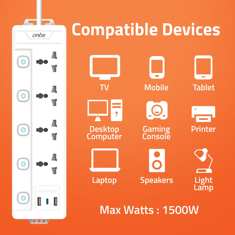 4MS-USBC 4 Universal Multi Switch Sockets with 2 USB-A & USB-C Port Surge protector (White, 2 m)