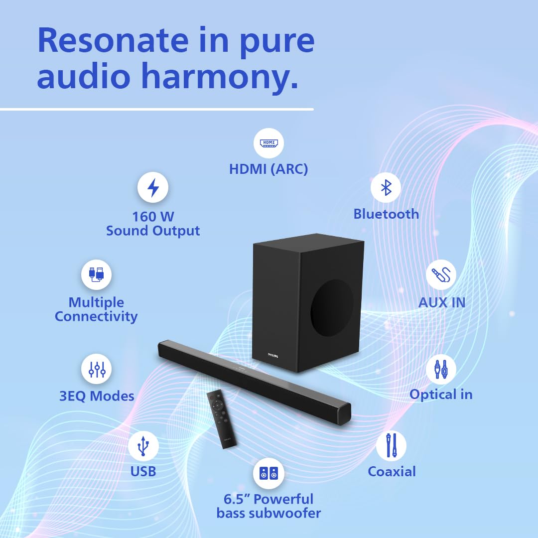 PHILIPS AUDIO TAB4228/94 AWARD WINNING 160W BLUETOOTH SOUNDBAR WITH RICH BASS,3 EQ MODES, MULTI-CONNECTIVITY OPTION WITH SUPPORTING USB, HDMI(ARC),OPTICAL, COAXIAL & AUX-IN FOR EASY CONNECTION (BLACK)