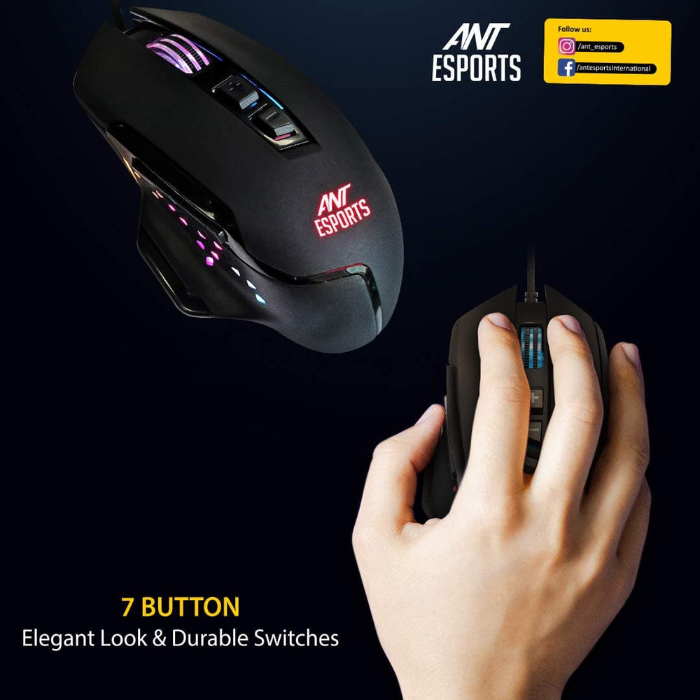 ANT ESPORTS GM300 Wired Ergonomic RGB Gaming Mouse ( GM300-RGB ) ( 4800DPI / 7 Macro Buttons ) ( Black )