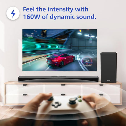 PHILIPS AUDIO TAB4228/94 AWARD WINNING 160W BLUETOOTH SOUNDBAR WITH RICH BASS,3 EQ MODES, MULTI-CONNECTIVITY OPTION WITH SUPPORTING USB, HDMI(ARC),OPTICAL, COAXIAL & AUX-IN FOR EASY CONNECTION (BLACK)