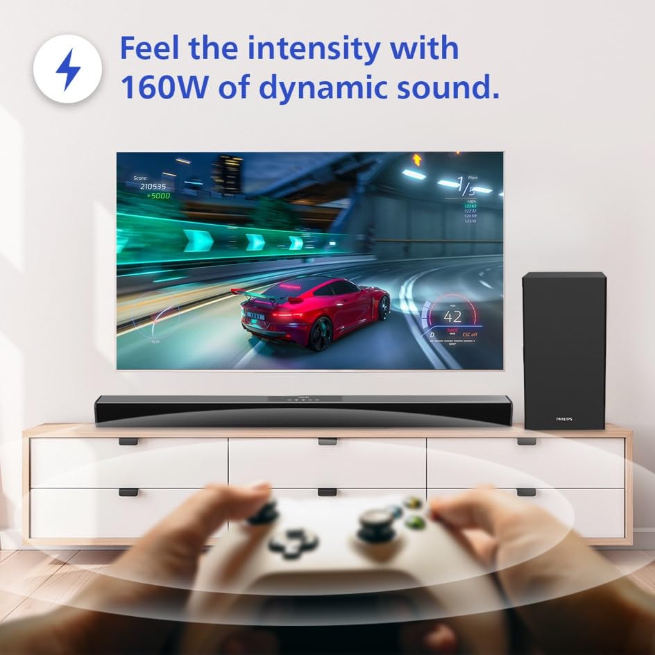 PHILIPS AUDIO TAB4228/94 AWARD WINNING 160W BLUETOOTH SOUNDBAR WITH RICH BASS,3 EQ MODES, MULTI-CONNECTIVITY OPTION WITH SUPPORTING USB, HDMI(ARC),OPTICAL, COAXIAL & AUX-IN FOR EASY CONNECTION (BLACK)
