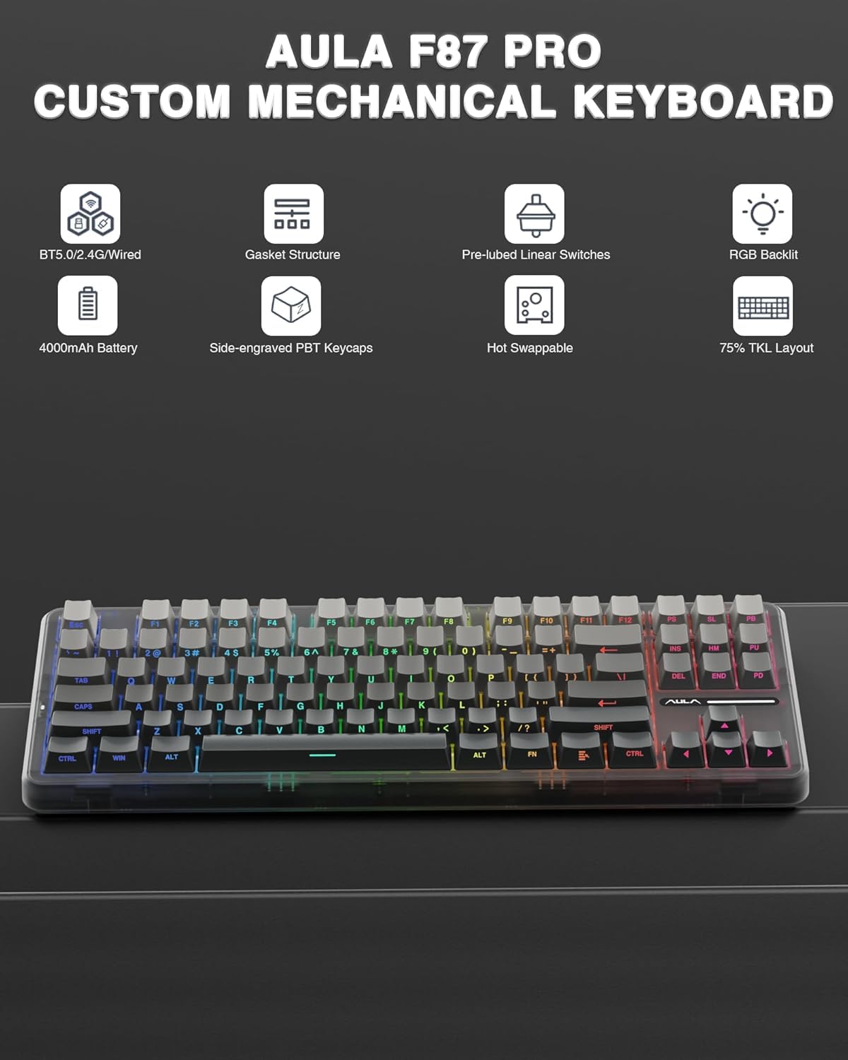 AULA F87 GRADIENT GRAY SPACE CRYSTAL SWITCH MECHANICAL GAMING KEYBOARD