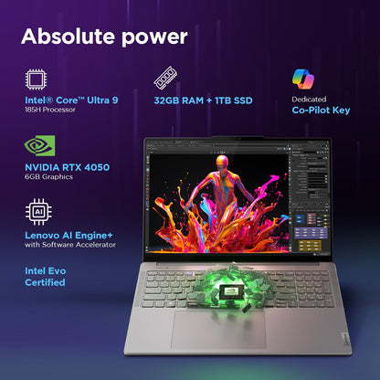 LENOVO YOGA PRO 9 INTEL EVO CORE ULTRA 9 185H BUILT-IN AI 16 INCH(40.6CM) 3.2K IPS 165HZ TOUCHSCREEN LAPTOP (32GB/1TB SSD/NVIDIA RTX 4050 6GB/WIN11/MSO 21/5.0MP+IR CAM/3 MON GAMEPASS/GREY/2KG), 83DN004VIN