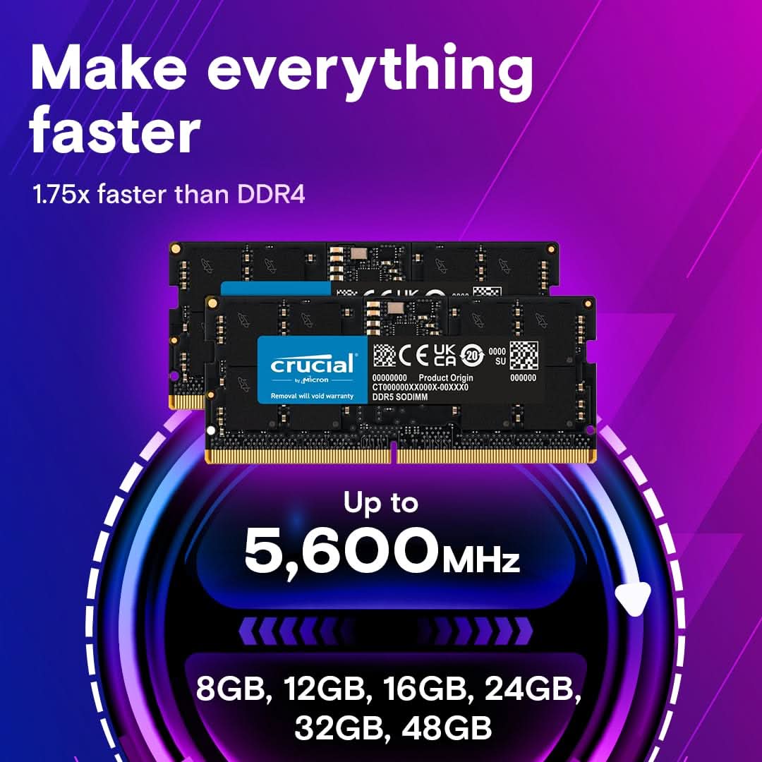 CRUCIAL 48GB DDR5-5600 SODIMM CL46 LAPTOP RAM CT48G56C46S5