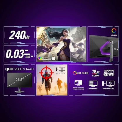 AOC Agon 27, QD -OLED , 240 Hz , 0.03 MS , 1000 cd/m² , HDMI 2.0 x 2, DP 1.4 x 2, USB-3.2 x1 , Speaker 5Wx 2 , HAS , sRGB 100% , DCI-P3 98.5% / Flicker Free / Multi Task ( PIP/PBP ) / Low IN out leg.