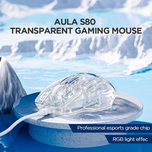 AULA S80 TRANSPARENT RGB, 7200 DPI, 7 BUTTONS PC WIRED OPTICAL GAMING MOUSE (USB 2.0, TRANSPARENT WHITE)
