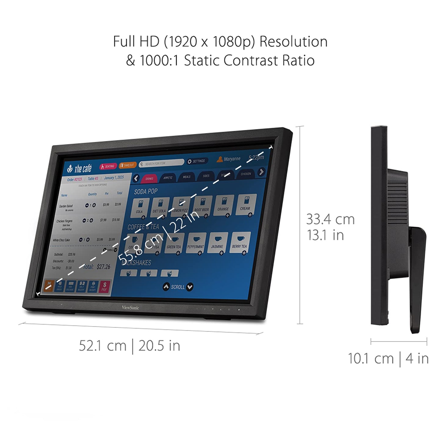 VIEWSONIC TD2223- (22") TOUCH MONITOR 10-POINT TOUCH| 7H HARDNESS | IR TOUCH TECH| 75HZ | DUAL SPEAKER| USB, HDMI, DVI, VGA