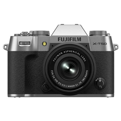 FUJIFILM X-T50 40 MP APS-C X-TRANS SENSOR|RETRO STYLE MIRRORLESS CAMERA|4K/6.2K VLOGGING|HIGH SPEED RECORDING FHD 240FPS|ADVANCE AF WITH 15-45MM OPTICAL ZOOM LENS F/3.5-5.6 - SILVER