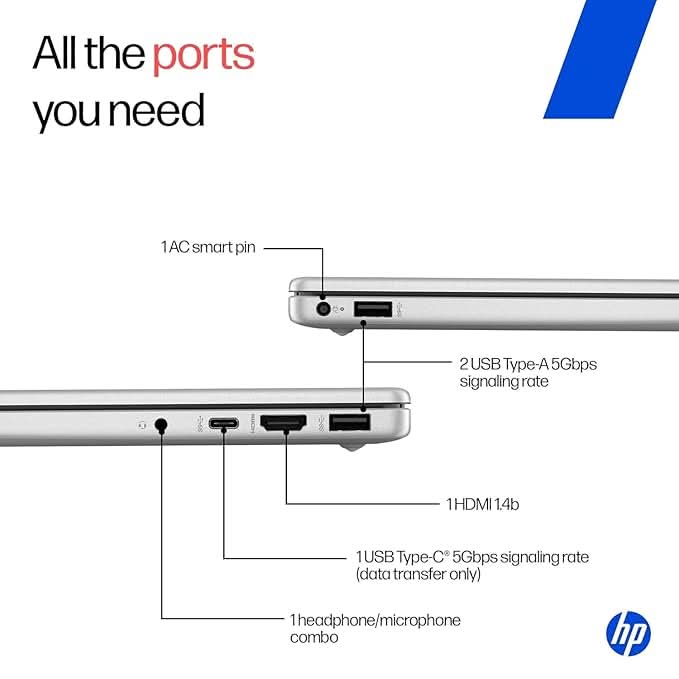 HP 14 Laptop, 13th Gen Intel Core i3-1315U (8GB DDR4, 512GB SSD) FHD, Anti-Glare, Micro-Edge, 14''/35.6cm, Win11, M365 Basic(1yr) Office24, Silver, 1.4kg, ep0343TU, FHD Camera w/Shutter