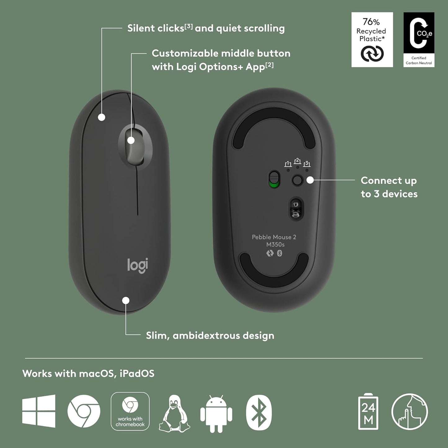 LOGITECH PEBBLE MOUSE 2 M350S SLIM BLUETOOTH WIRELESS MOUSE GRAPHITE