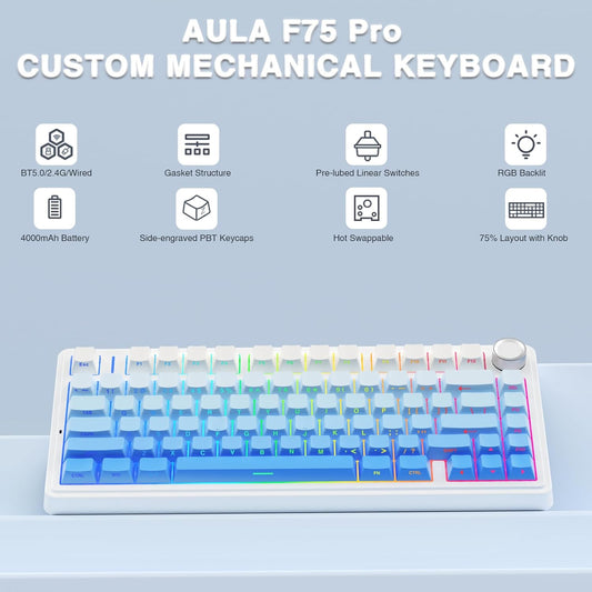 AULA F75 SIDE ENGRAVED MECHANICAL KEYBOARD WHITE + GRADIENT BLUE STAR VECTOR SWITCH