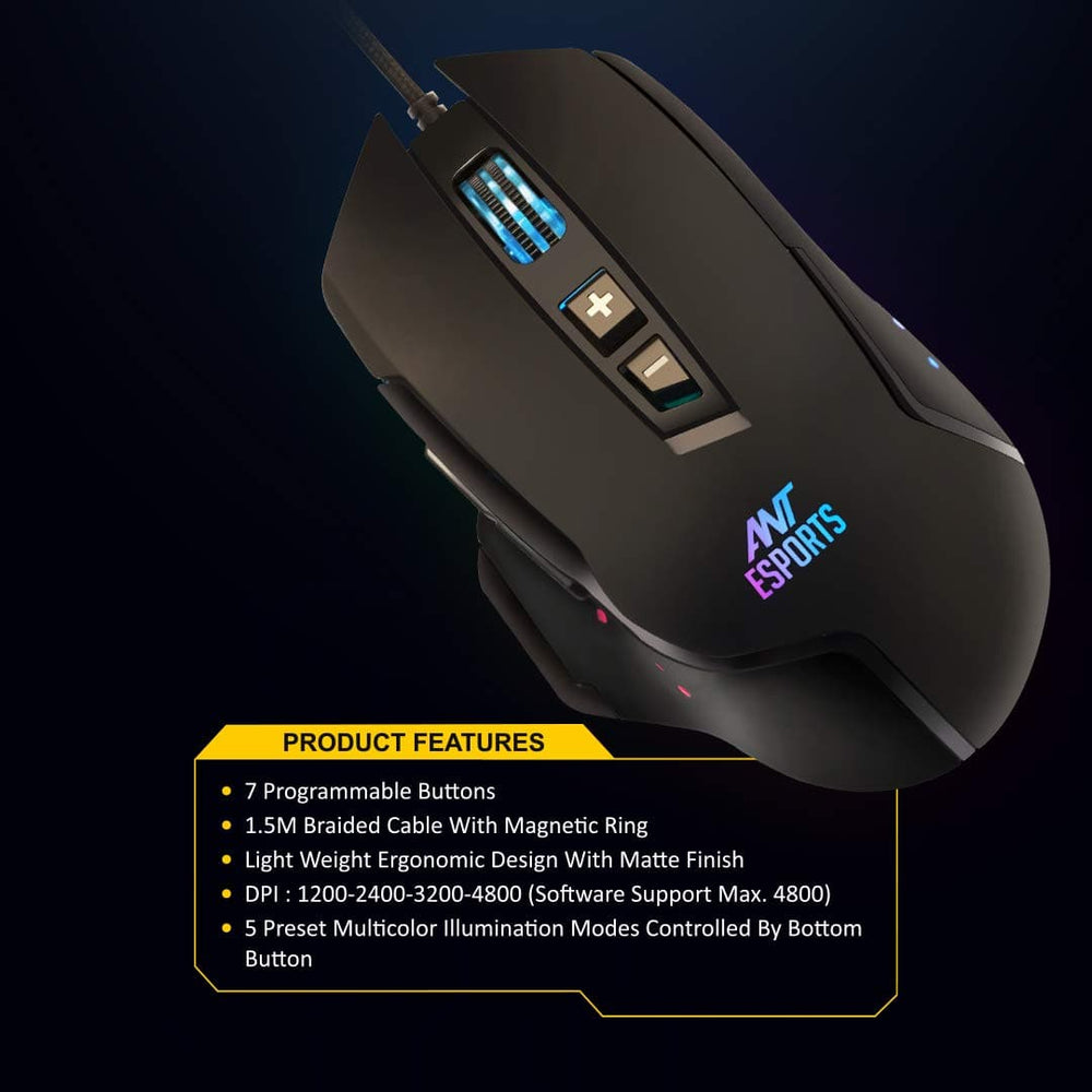 ANT ESPORTS GM300 Wired Ergonomic RGB Gaming Mouse ( GM300-RGB ) ( 4800DPI / 7 Macro Buttons ) ( Black )