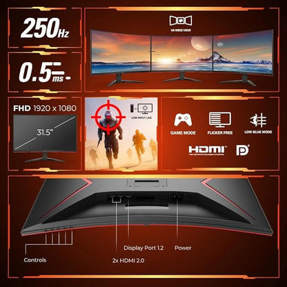 AOC 32 Curved, 1500 R , FHD 1920 x 1080, 250Hz, 0.5ms, 300 cd/m², HDMI 2.0 x2, DP 1.2 x 1, NTSC 105% / sRGB 123% , Flicker Free , Low Blue Mode