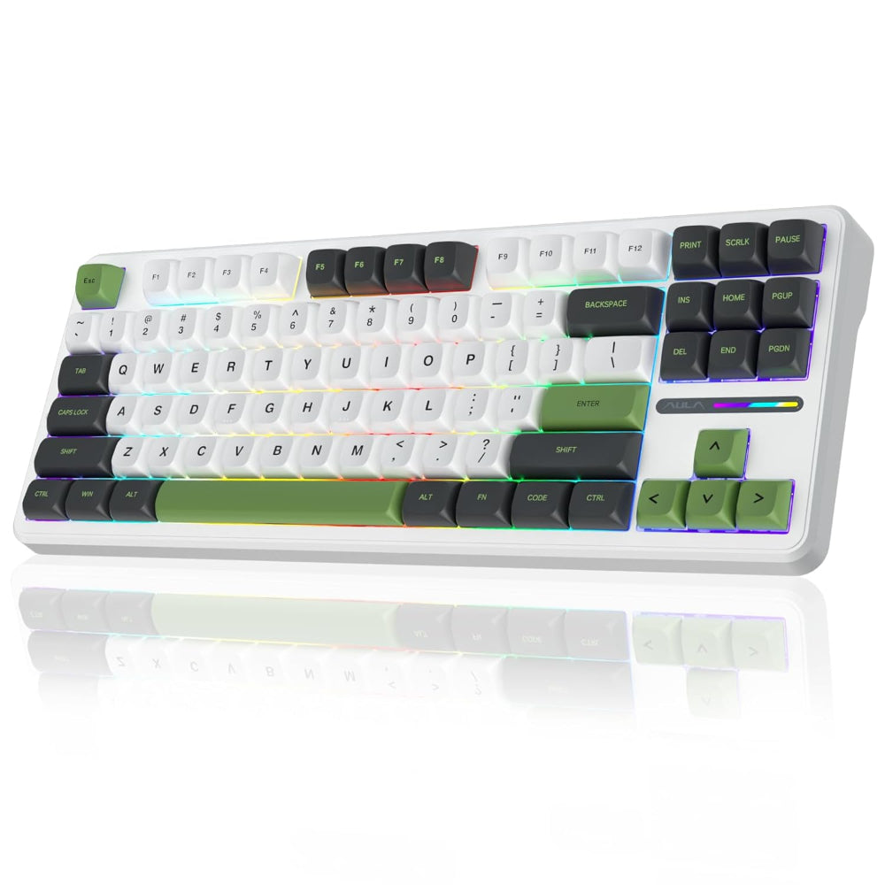 AULA F87 75% Tenkeyless Mechanical Wireless Gaming Keyboard ( Green/White ) ( Gray Wood Switch ) ( F87GW )