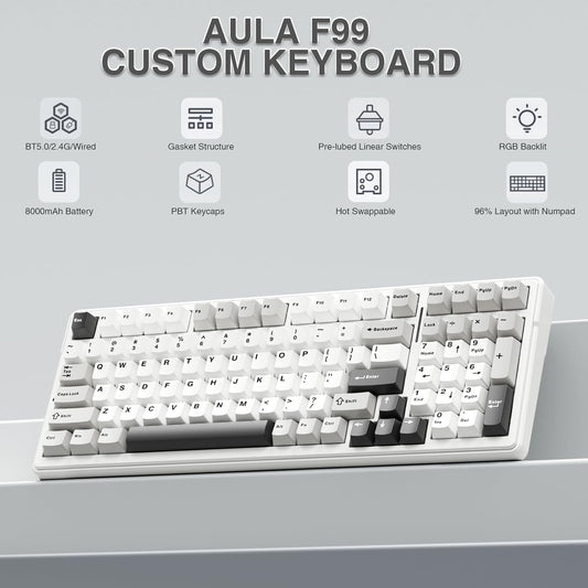 AULA F99 GRAY WHITE GRAYWOOD SWITCH MECHANICAL GAMING KEYBOARD