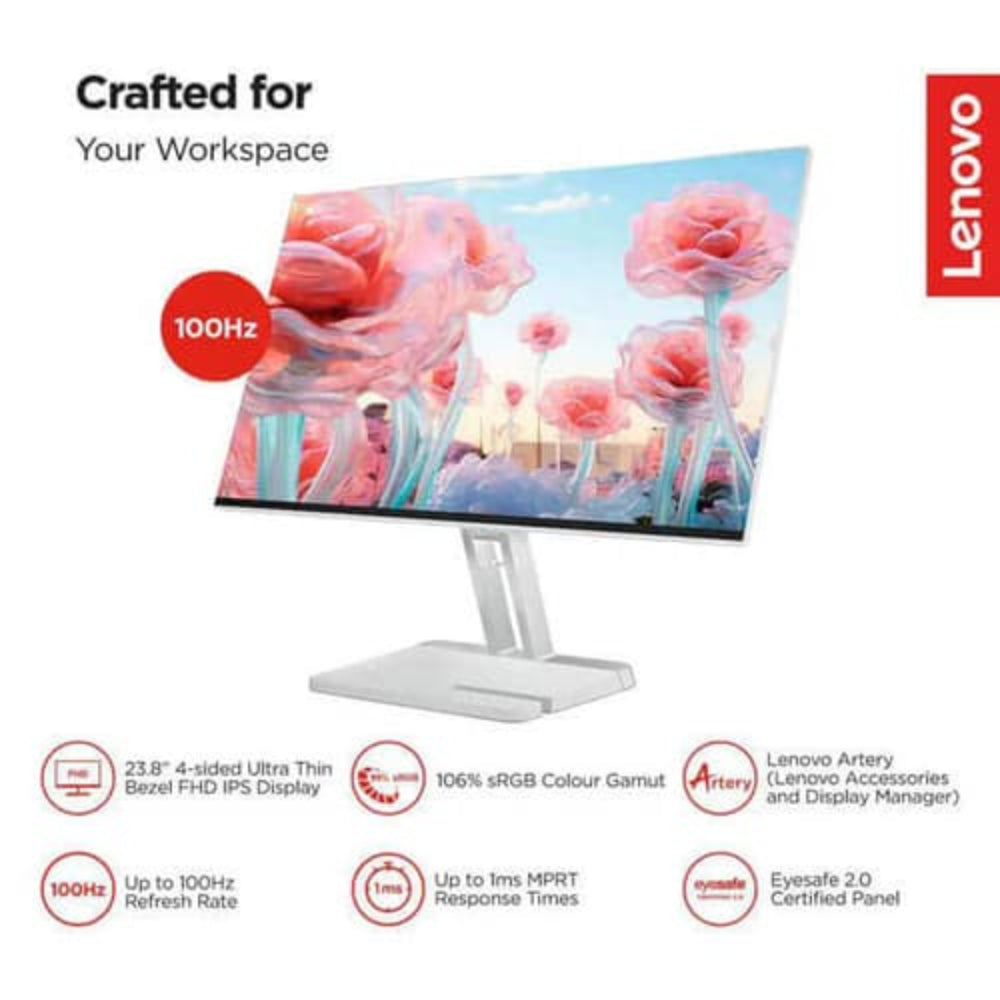 LENOVO L24i-4A 24 Inch FHD 100Hz IPS Panel 99% SRGB 4MS AMD Freesync Business Monitor (White)
