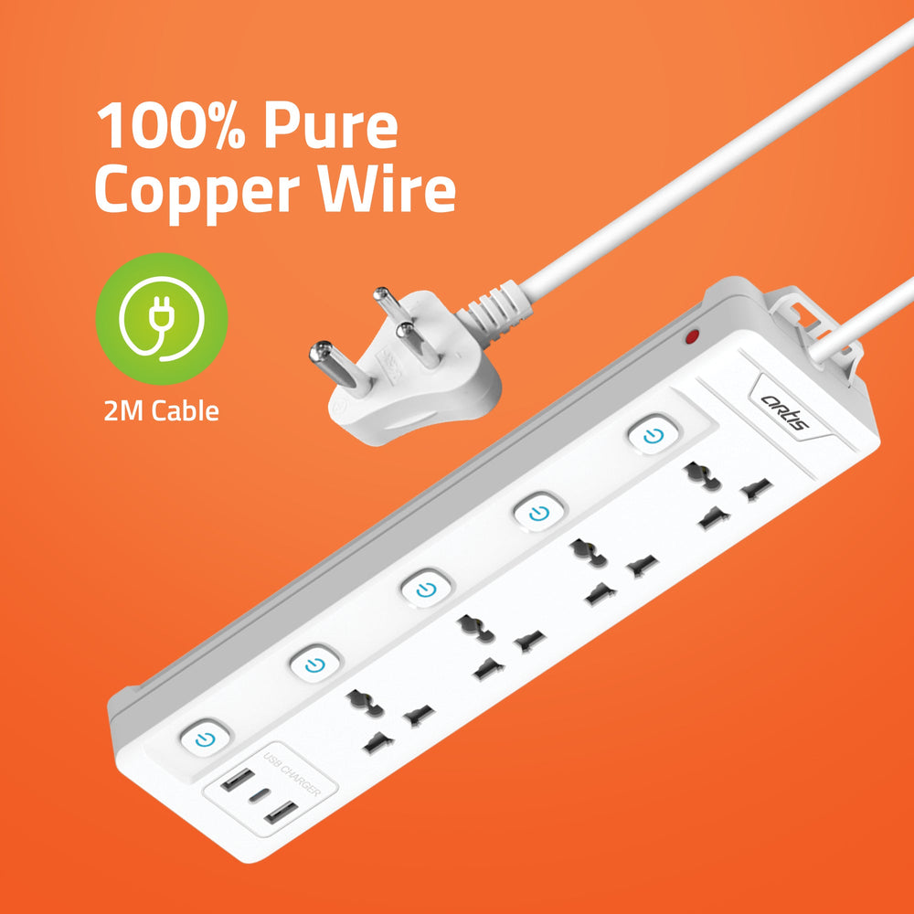4MS-USBC 4 Universal Multi Switch Sockets with 2 USB-A & USB-C Port Surge protector (White, 2 m)