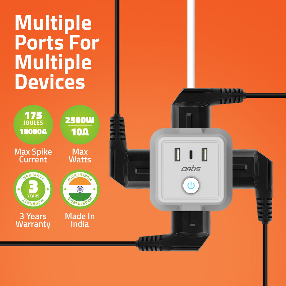 AR-4SS-3USBCB 4 Universal Sockets with 2 USB Ports & 1 USB Type C Port Surge Protector