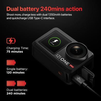 IZI One Pro 5.7k Action Camera | Ultra HD Sony STARVIS Sensor | 20M Body Waterproof | 2 x Battery with 240min Recording | Dual OLED, 6-Axis Gyro Stabilisation | HQ Mic Support | Reels, Vlogs & Bikes