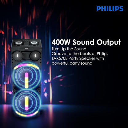 PHILIPS AUDIO NEWLY LAUNCHED TAX5708 BLUETOOTH PARTY SPEAKER, 400W MAX OUTPUT - DYNAMIC BASS BOOST & KARAOKE | GUITAR & MIC SUPPORT, MULTIPOINT CONNECTIVITY, PARTY LIGHTS & HANDLE WITH WHEELS (BLACK)