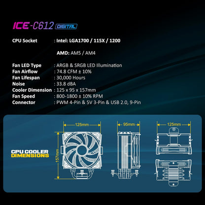 ANT ESPORTS ICE-C612 DIGITAL ARGB 120MM CPU AIR COOLER
