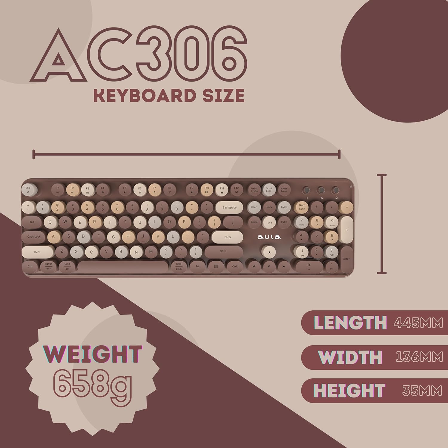 AULA AC306 WIRELESS KEYBOARD WITH RETRO KEYS ,MIX BROWN