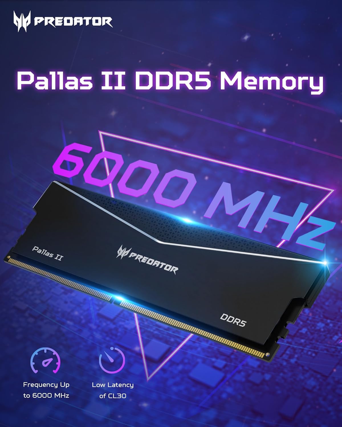 ACER PREDATOR PALLAS II DDR5 HEATSINK U-DIMM 6000MHZ 64GB (32GB*2) BLACK BL.9BWWR.437