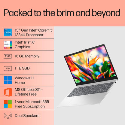 HP 15, 13TH GEN INTEL CORE I5-1334U (16GB DDR4, 1TB SSD) FHD, ANTI-GLARE, MICRO-EDGE, 15.6''/39.6CM, WIN11, M365(1YR) OFFICE24, SILVER, 1.59KG, FD0552TU, IRIS XE, FHD CAMERA W/SHUTTER, BACKLIT LAPTOP