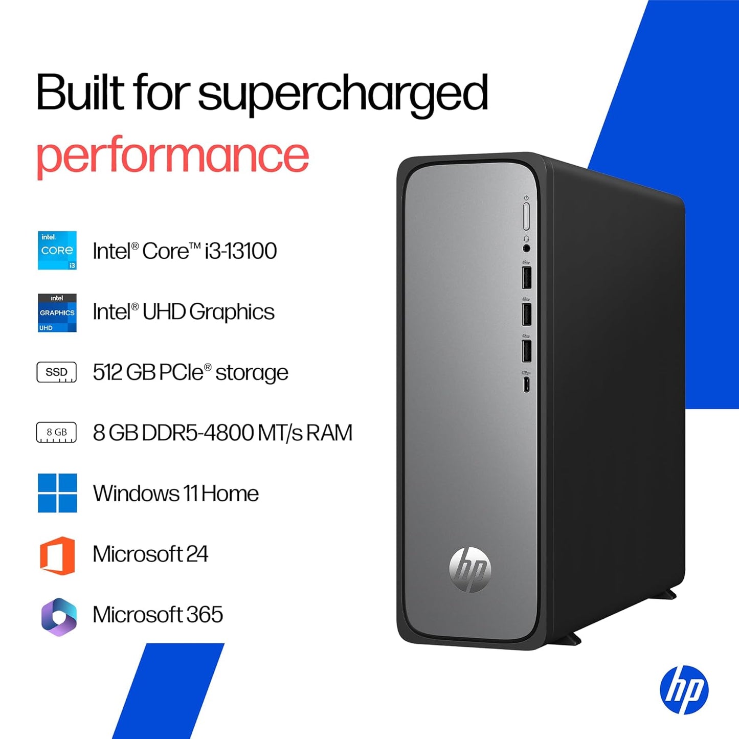 HP OmniDesk Slim, 13th Gen Intel Core i3-13100 (8GB DDR5, 512GB SSD), Win11, M365* Office 24, Meteor Silver, 3.8kg, Black Wired Keyboard, UHD Graphics, S03-0001in