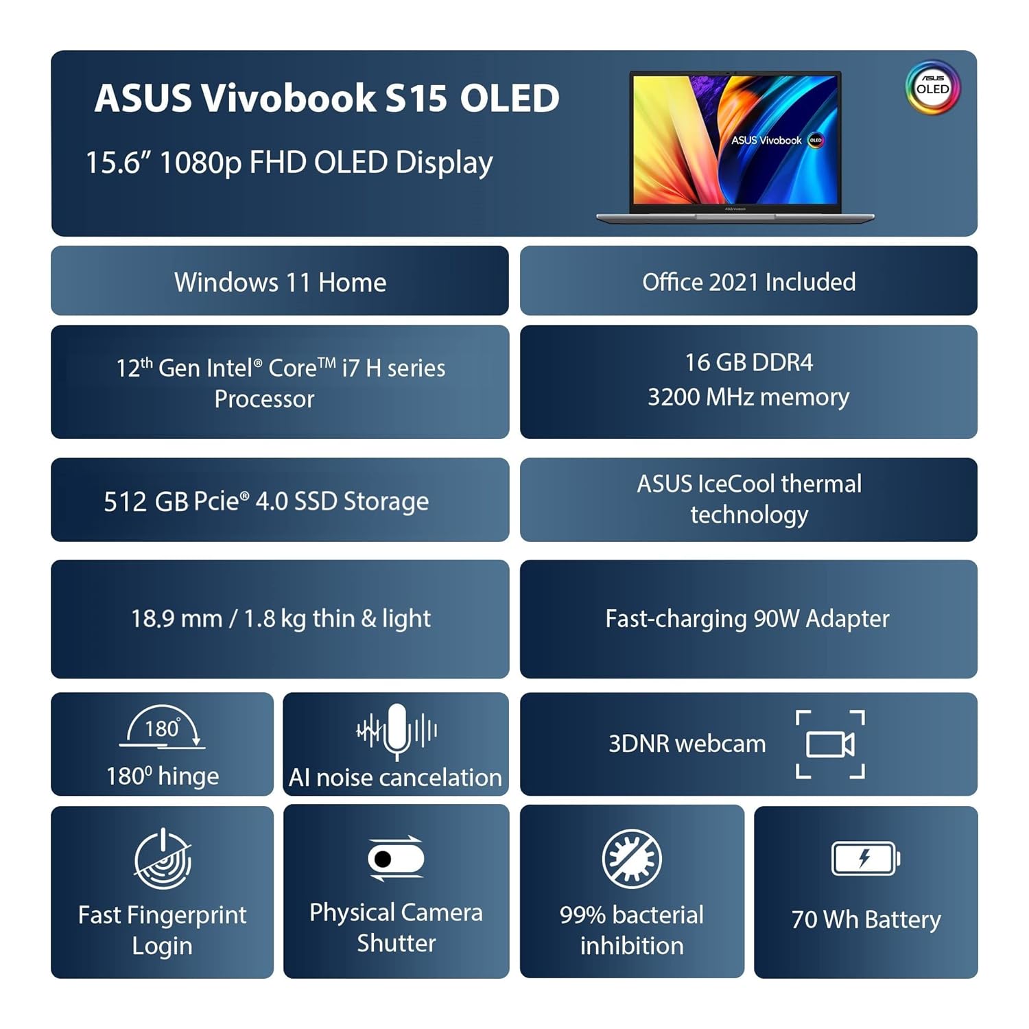 ASUS VIVOBOOK S15 OLED 2022, 15.6 INCH 39.62 CM FHD OLED, INTEL CORE EVO I7-12700H 12TH GEN, (16GB RAM/512GB SSD), K3502ZA-L701WS + WT300 MOUSE (BLACK)