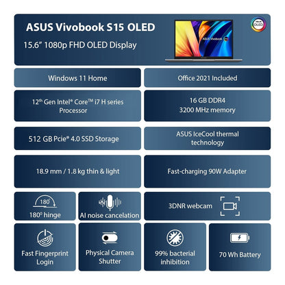 ASUS VIVOBOOK S15 OLED 2022, 15.6 INCH 39.62 CM FHD OLED, INTEL CORE EVO I7-12700H 12TH GEN, (16GB RAM/512GB SSD), K3502ZA-L701WS + WT300 MOUSE (BLACK)