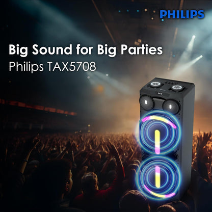 PHILIPS AUDIO NEWLY LAUNCHED TAX5708 BLUETOOTH PARTY SPEAKER, 400W MAX OUTPUT - DYNAMIC BASS BOOST & KARAOKE | GUITAR & MIC SUPPORT, MULTIPOINT CONNECTIVITY, PARTY LIGHTS & HANDLE WITH WHEELS (BLACK)