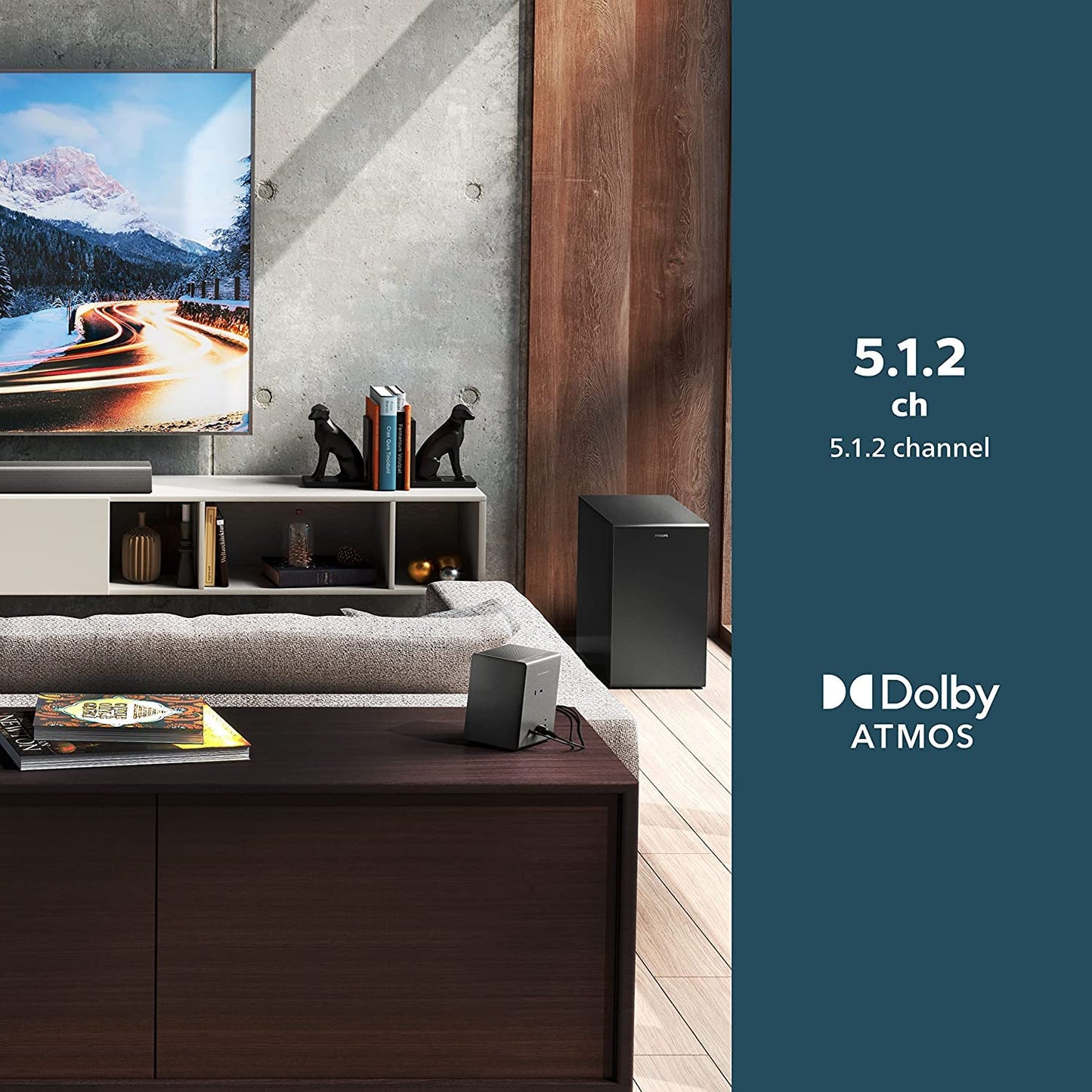 PHILIPS SOUNDBAR TAB8967 7.1 CH (5.1.2) 780 WATT WITH HDMI ARC, AI VOICE ASSISTANT, DOLBY ATMOS, REAL SURROUND, WIRELESS SUBWOOFER, UP-FIRING SPEAKERS, WIRELESS REAR SPEAKERS (BLACK)