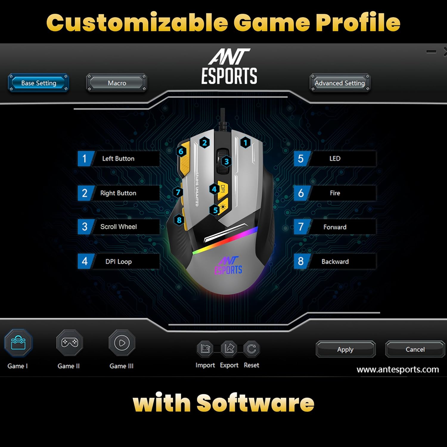 ANT ESPORTS GM333 WIRED OPTICAL ERGONOMIC DESIGN GAMING MOUSE BLACK/YELLOW/WHITE