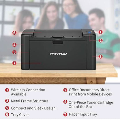 PANTUM P2512W Printer for Home and Office, Wireless, Single Function, Print, Hi-Speed USB 2.0, 22 ppm, 1-Year Warranty, Black Includes 1600 Page Start Toner Cartridge