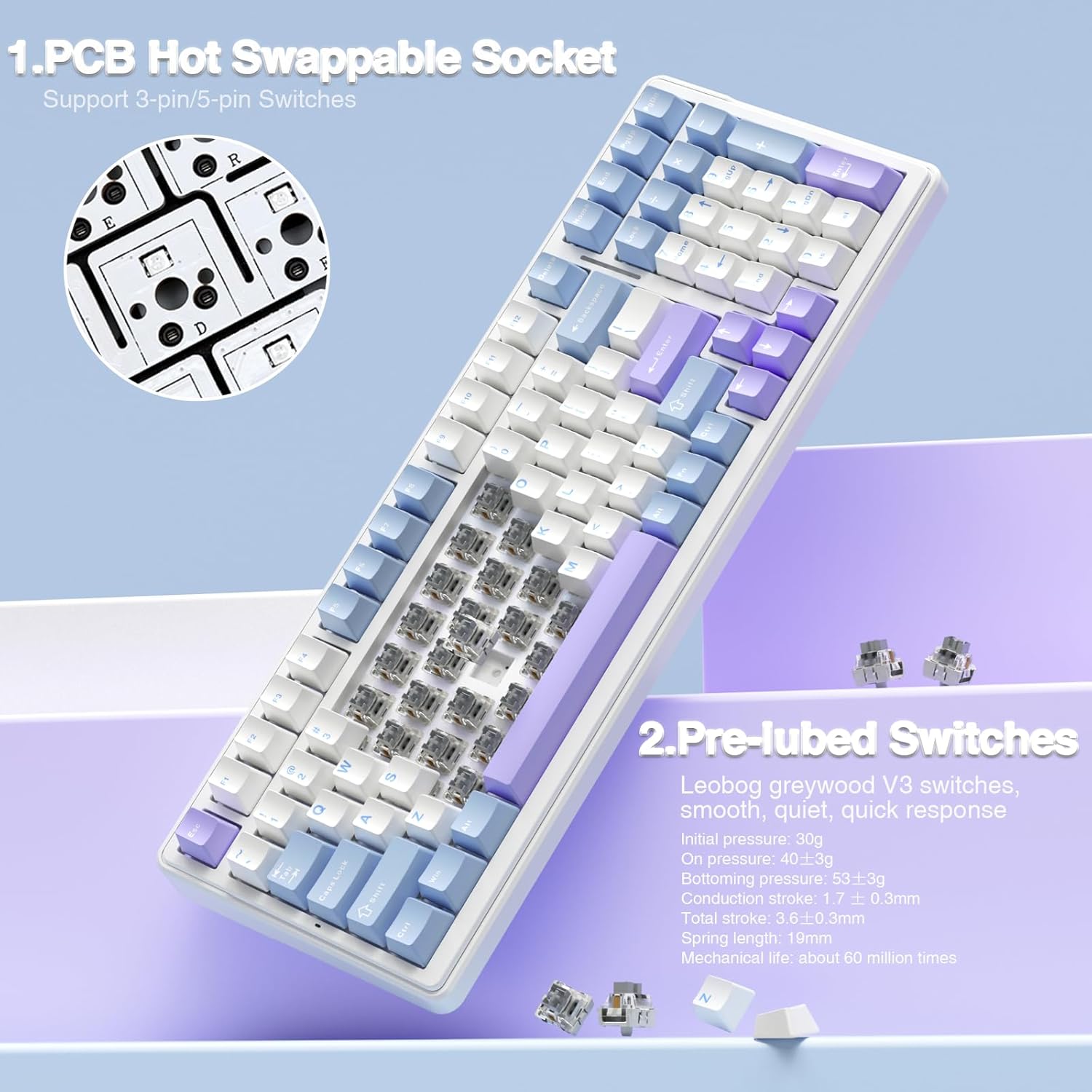AULA F99 BLUE WHITE GRAYWOOD SWITCH MECHANICAL GAMING KEYBOARD