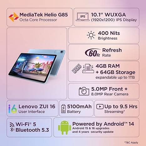 Lenovo MediaTek Helio G85 Octa Core, 4GB, 64GB, 4G calling and WiFi, 10.1 INCH ZAEJ0054IN