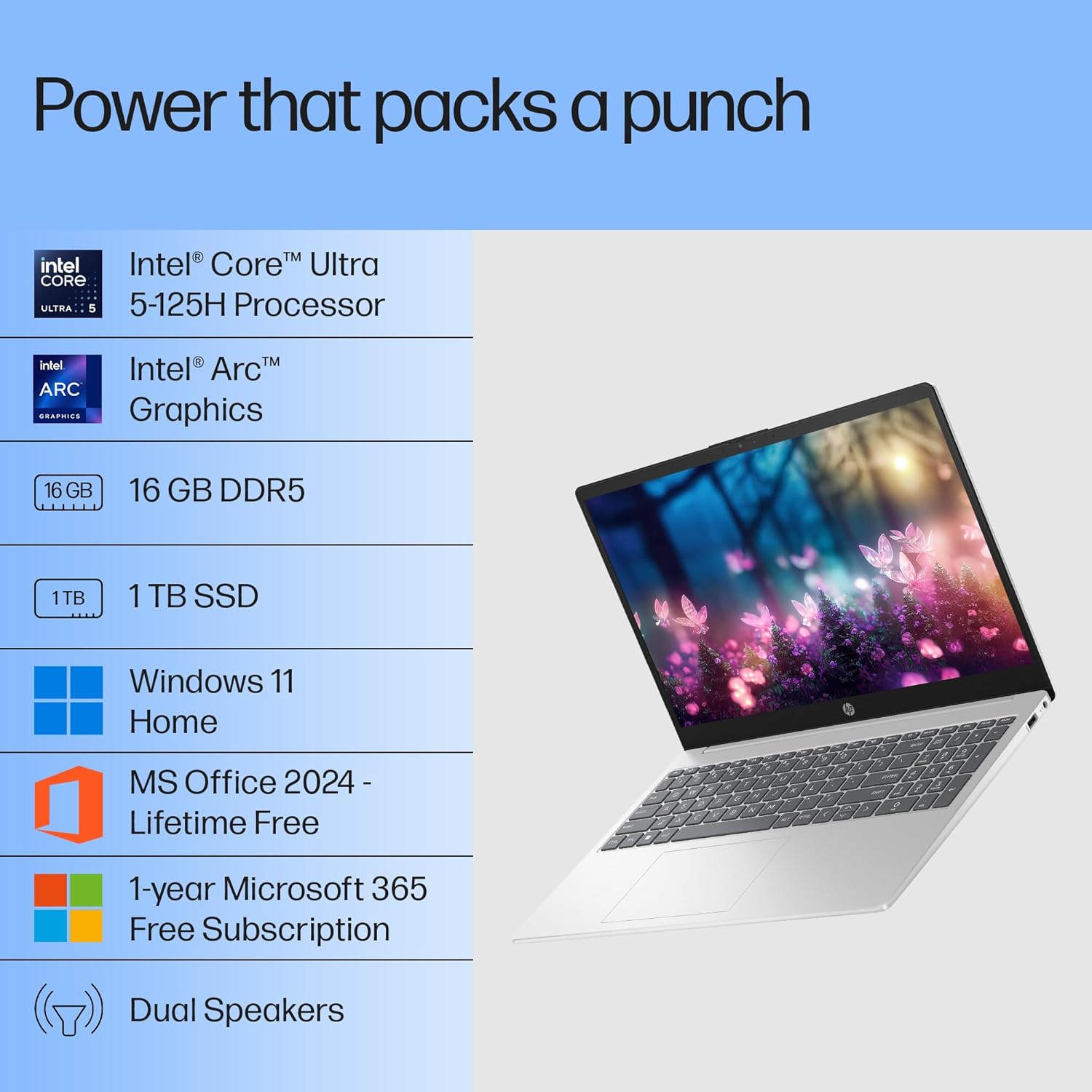 HP 15, INTEL ULTRA 5 125H (16GB DDR5, 1TB SSD) FHD, IPS, 15.6''/39.6CM, WIN11, M365 BASIC(1YR) OFFICE24, SILVER, 1.65KG, FD1255TU, INTEL ARC GRAPHICS, FHD CAMERA W/SHUTTER, AI POWERED LAPTOP