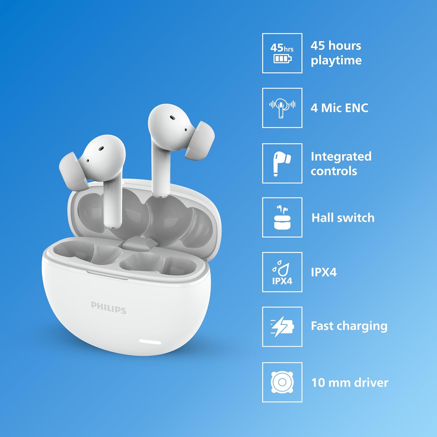 PHILIPS AUDIO TAT1179WT/94 TRUE WIRELESS IN EAR EARBUDS WITH POCKET SIZED CHARGING CASE, PLAY TIME UPTO 45HRS, 10MM DYNAMIC DRIVERS, INBUILT MIC, IPX4 SPLASH & SWEAT RESISTANT (WHITE)