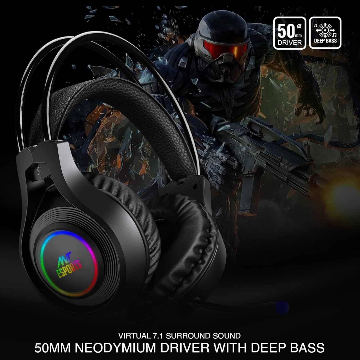 ANT ESPORTS H570 USB 7.1 SURROUND SOUND WIRED GAMING HEADSET- BLACK